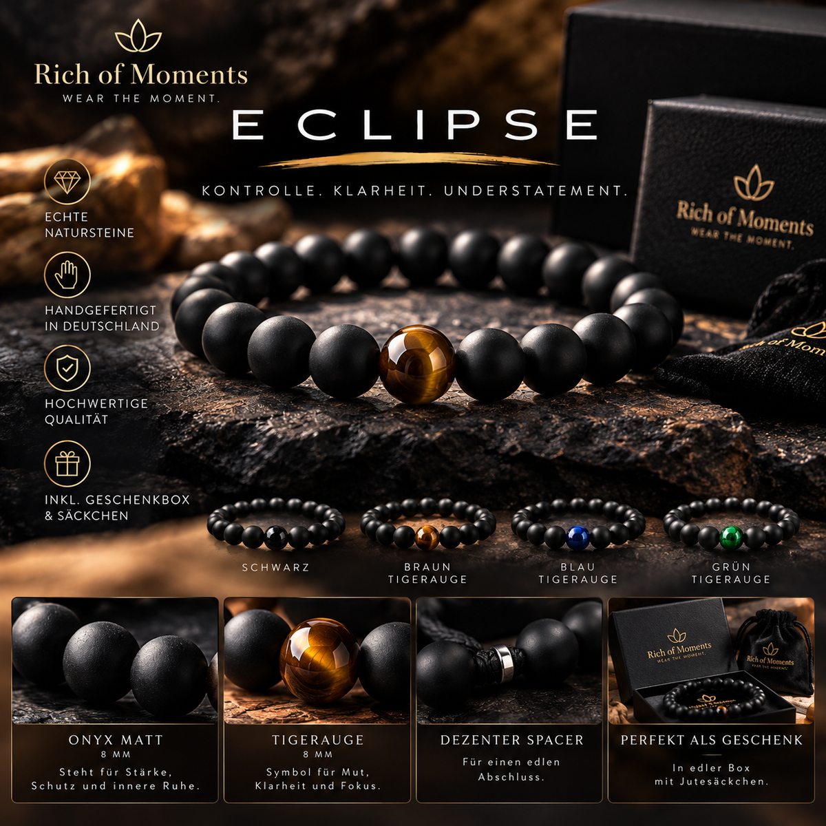 ECLIPSE – Damenarmband Onyx Matt Silber | 9 O'Clock®