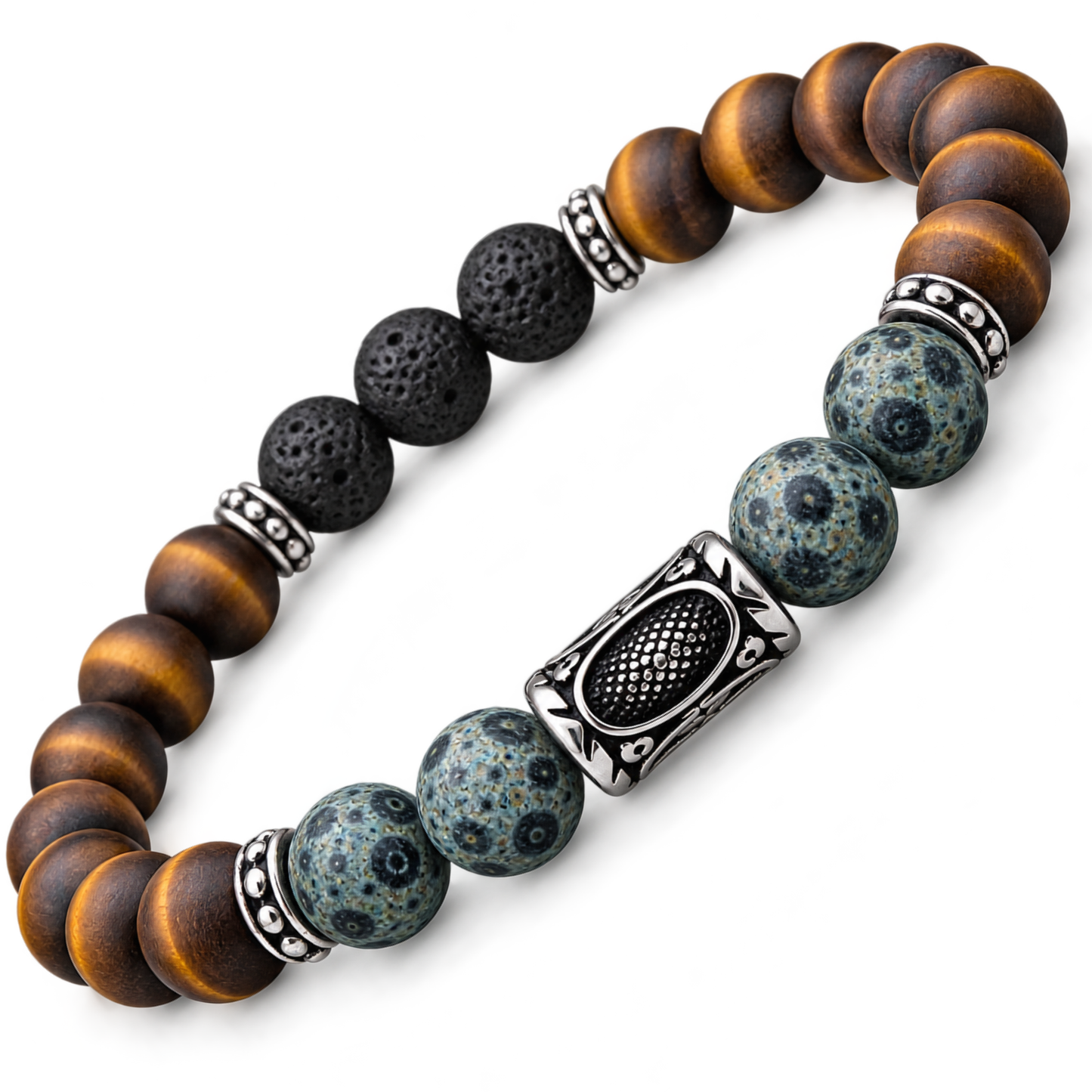 Perlenarmband Herren Silber Tigerauge Jaspis Lavastein 8mm
