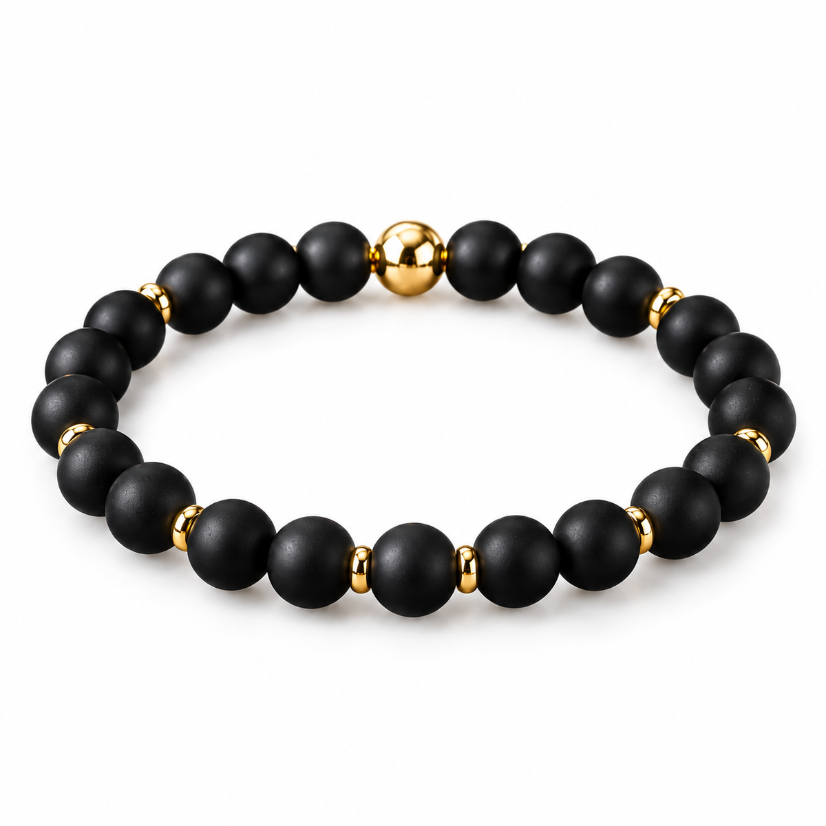 Herrenarmband Perlen Onyx Matt 8mm 18k Vergoldet – Männer – Handgefertigt in Deutschland – edles schwarzes Onyx-Armband mit goldenen Akzenten als Geschenk