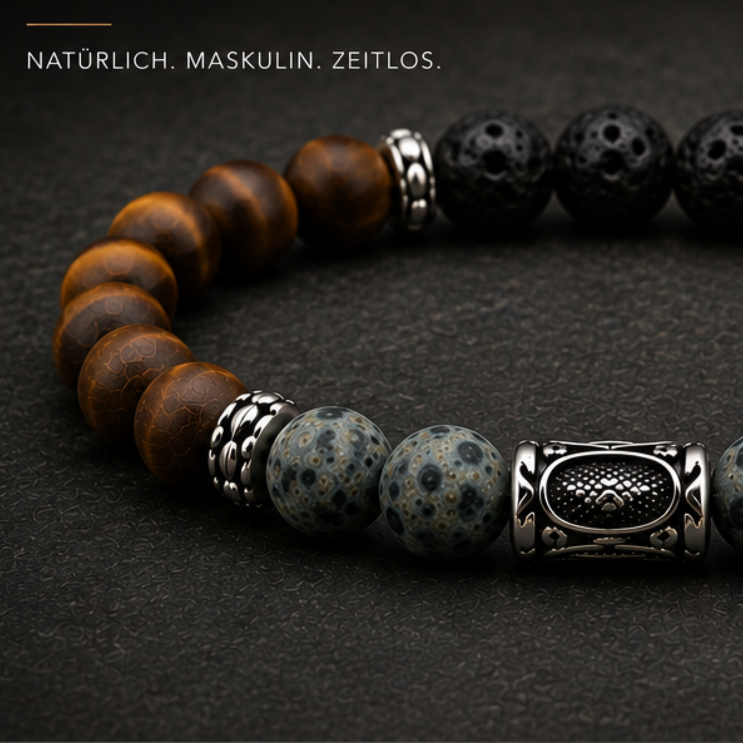 Perlenarmband Herren Silber Tigerauge Jaspis Lavastein 8mm