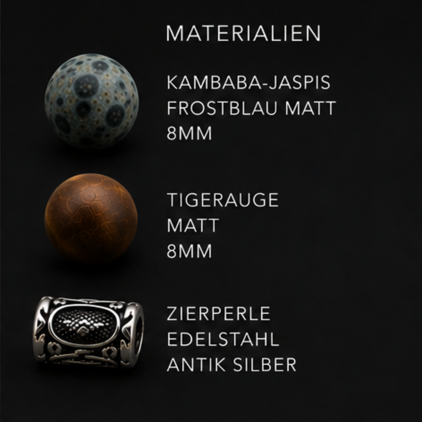 Perlenarmband Herren Silber Tigerauge Jaspis Lavastein 8mm