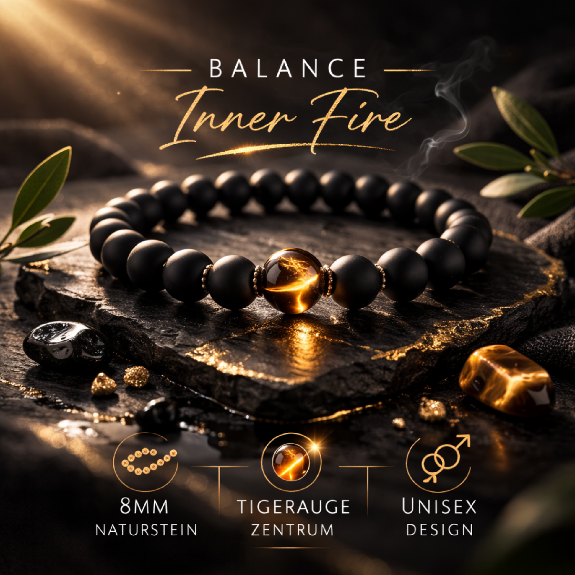 Unisex Naturstein-Armband Balance Inner Fire mit Tigerauge im Zentrum, matte schwarze 8mm Perlen
