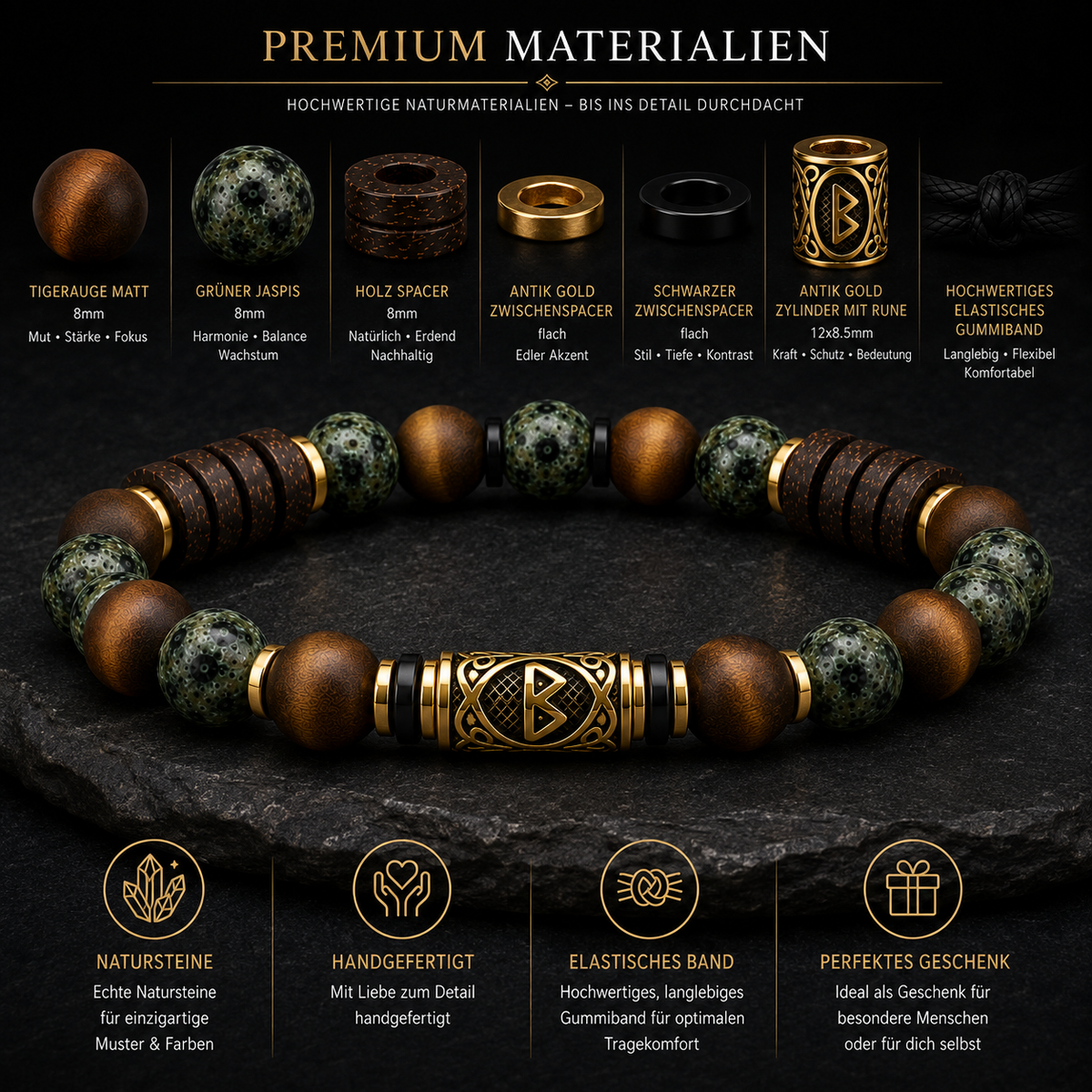 Herrenarmband Naturstein – GROVE | Tigerauge, Jaspis & Onyx