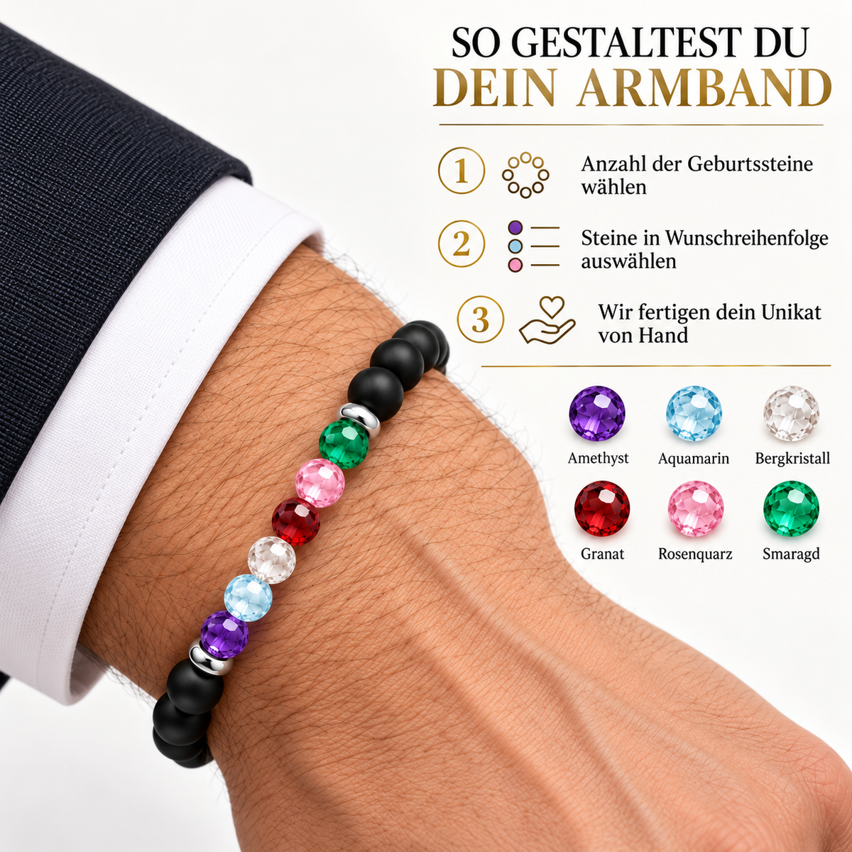 9-O'Clock Geburtsstein-Armband Onyx personalisiert – Herren – Vatertagsgeschenk