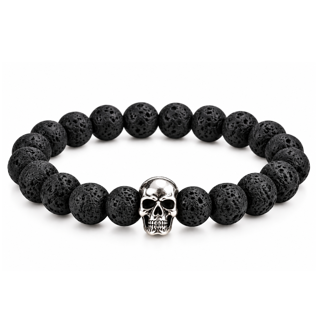 Herrenarmband Lavastein Totenkopf 8mm – Handmade – Handgefertigt in Deutschland – zeitloses Rockstar-Design mit massivem Silber-Totenkopf