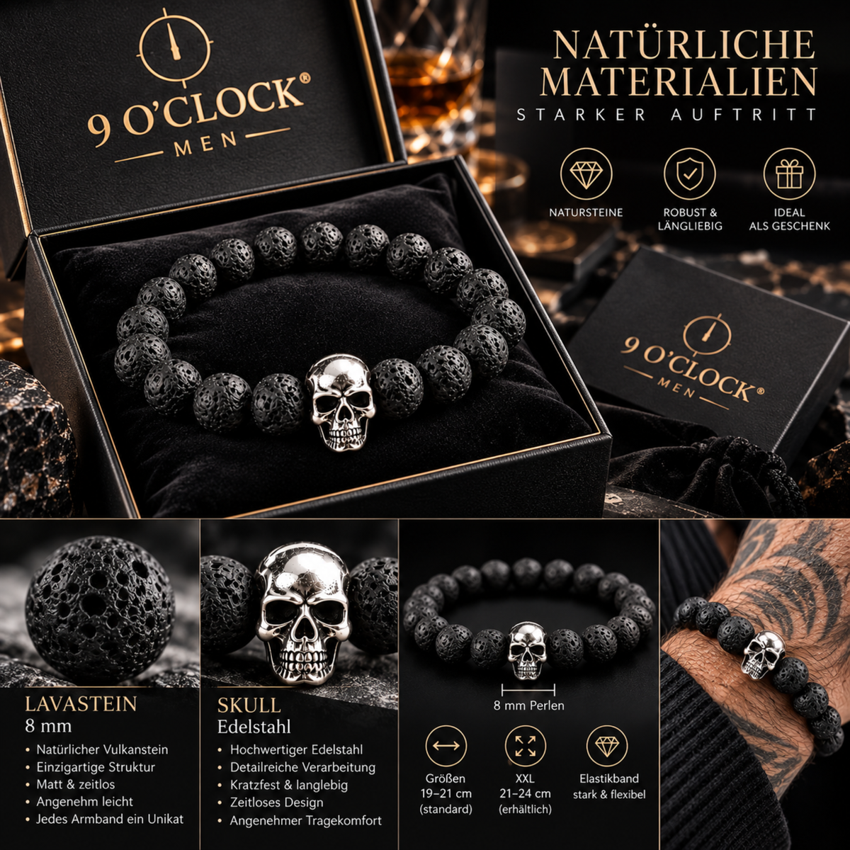 Herrenarmband Lavastein Totenkopf - REBEL 9 O'CLOCK®