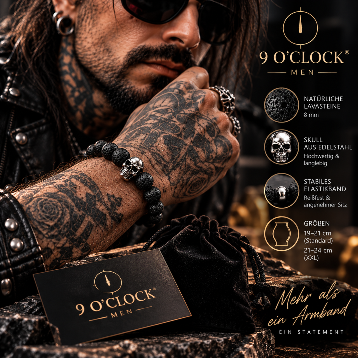 Herrenarmband Lavastein Totenkopf - REBEL 9 O'CLOCK®