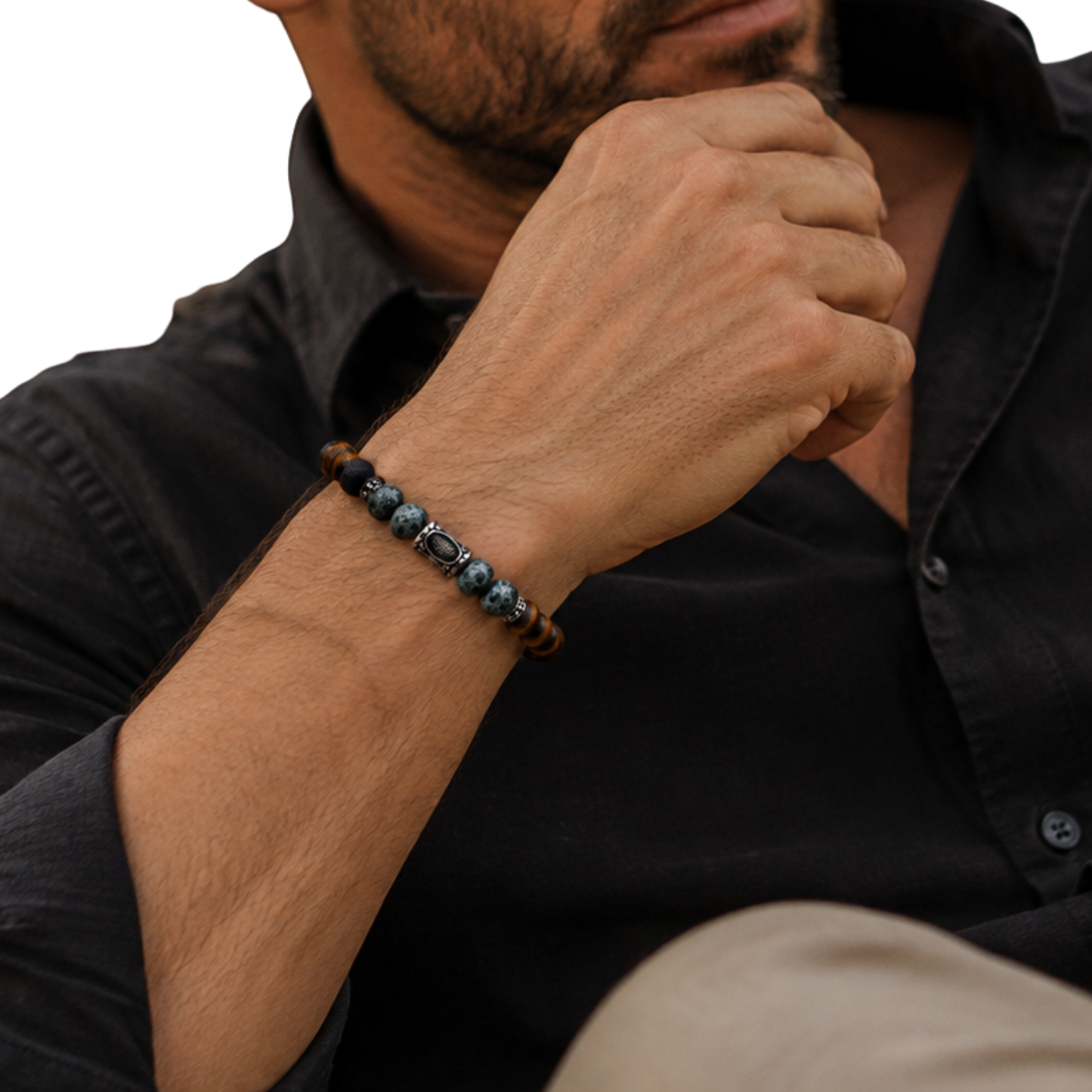 Perlenarmband Herren Silber Tigerauge Jaspis Lavastein 8mm