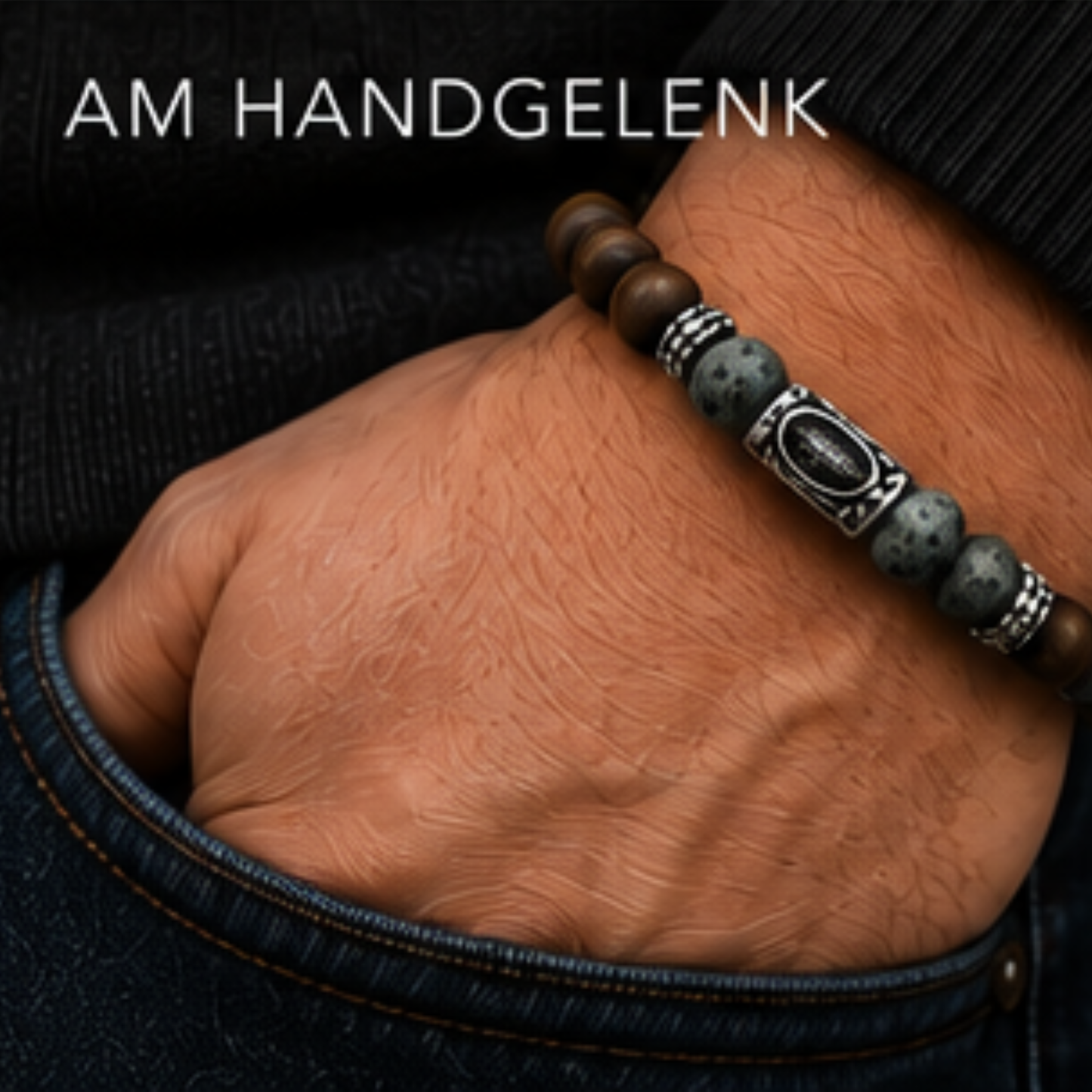 Perlenarmband Herren Silber Tigerauge Jaspis Lavastein 8mm