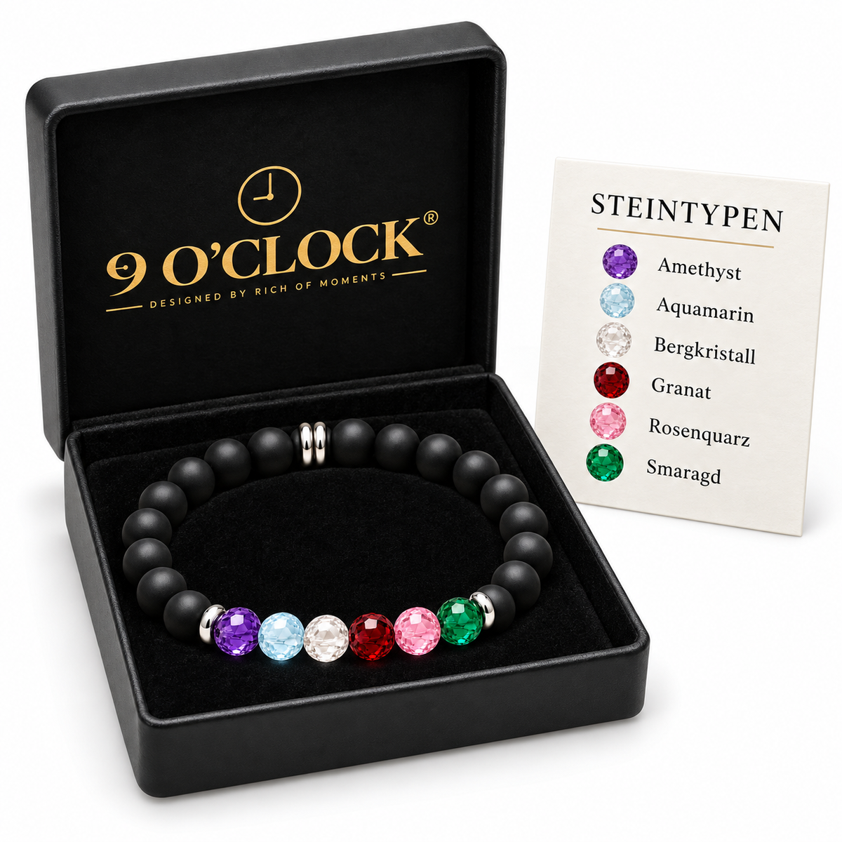 9-O'Clock Geburtsstein-Armband Onyx personalisiert – Herren – Vatertagsgeschenk