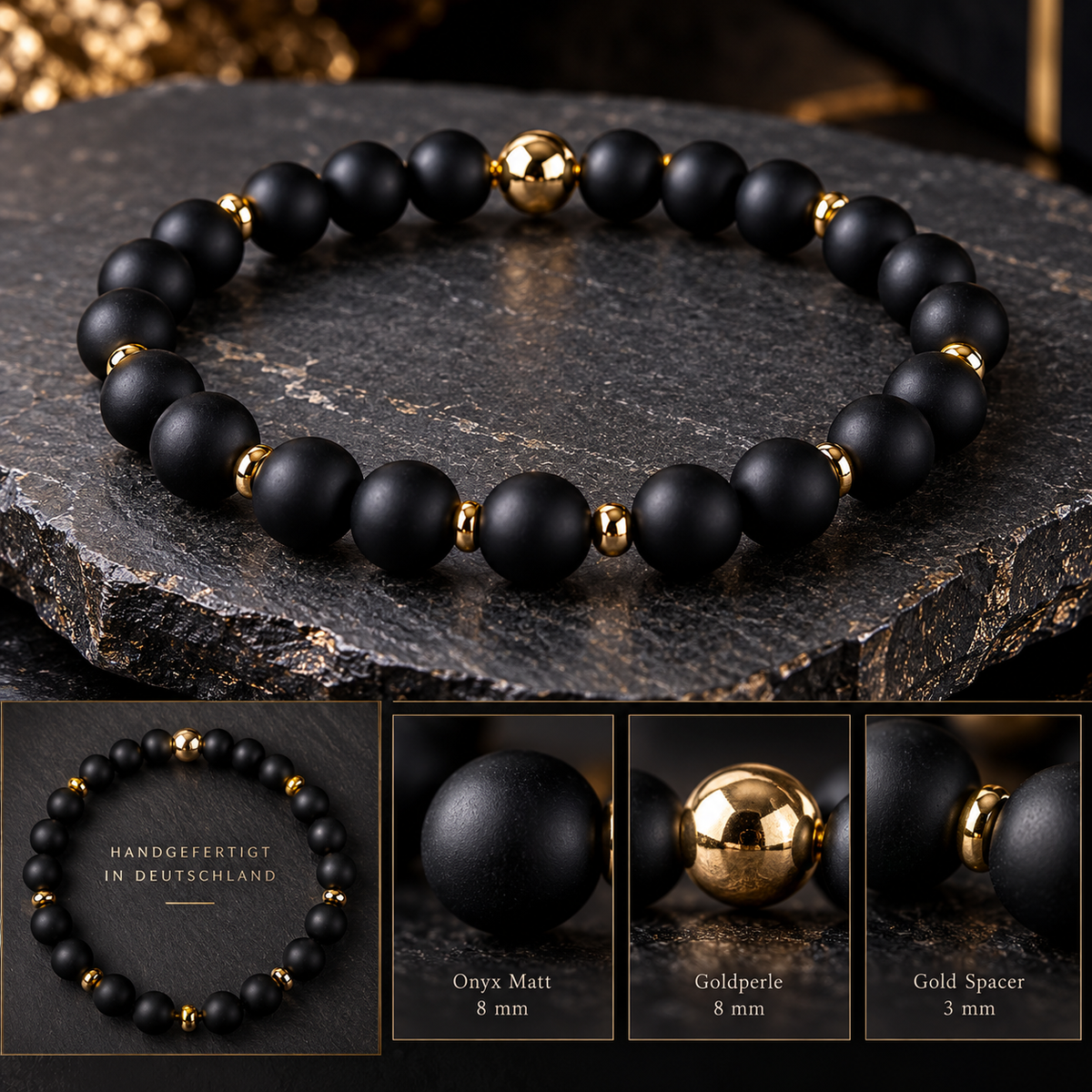 Herrenarmband Onyx Matt & Gold -AURON